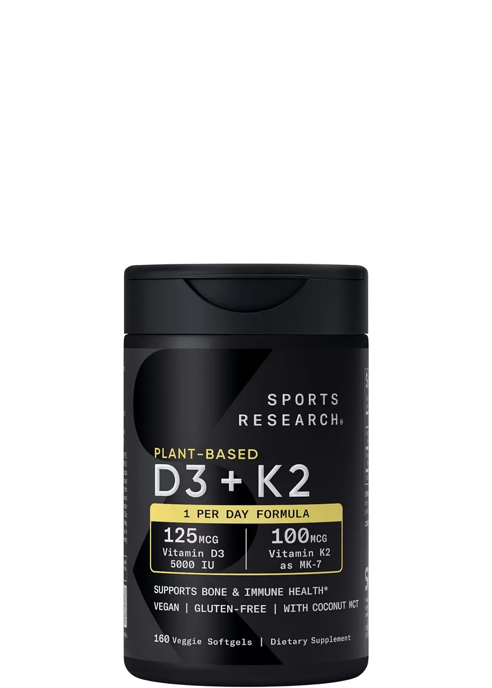 Vitamina D3 + K2 Sports Research 5000 IU D3 Vegetal + 100 mcg MK-7 | Vegana, Sin OGM | 160 Cápsulas Blandas Líquidas  |  Colombia 1