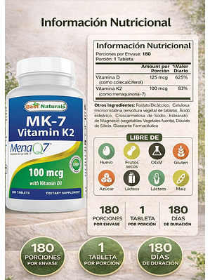 Vitamina K2 MK-7 con D3 Best Naturals 5000 IU + 100 mcg | Salud Ósea e Inmunidad | 180 Tabletas | Sin OGM ni Gluten | Colombia 