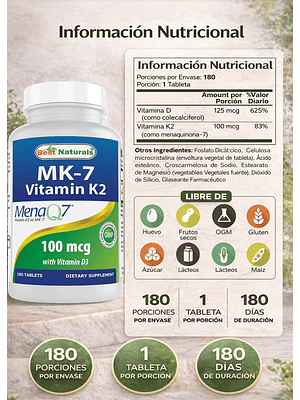 Vitamina K2 MK-7 con D3 Best Naturals 5000 IU + 100 mcg | Salud Ósea e Inmunidad | 180 Tabletas | Sin OGM ni Gluten | Colombia 