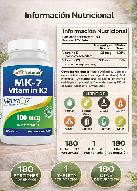 Vitamina K2 MK-7 con D3 Best Naturals 5000 IU + 100 mcg | Salud Ósea e Inmunidad | 180 Tabletas | Sin OGM ni Gluten | Colombia 