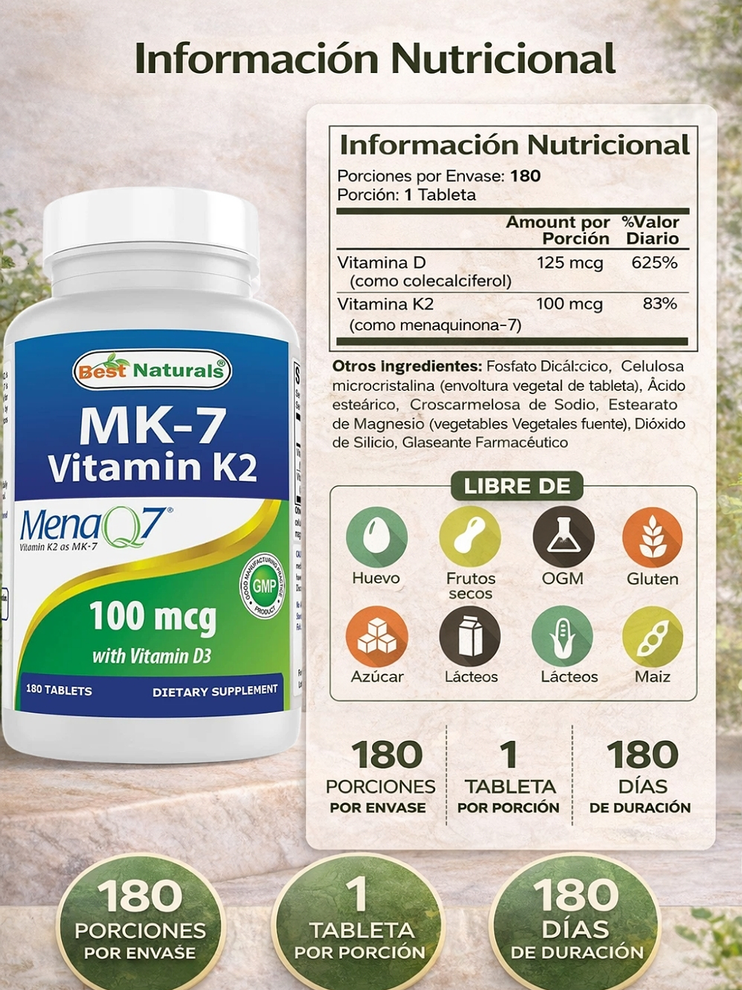 Vitamina K2 MK-7 con D3 Best Naturals 5000 IU + 100 mcg | Salud Ósea e Inmunidad | 180 Tabletas | Sin OGM ni Gluten | Colombia  2