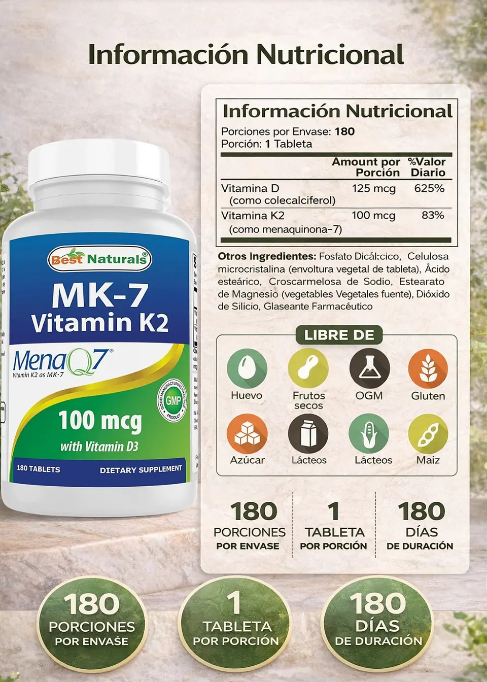 Vitamina K2 MK-7 con D3 Best Naturals 5000 IU + 100 mcg | Salud Ósea e Inmunidad | 180 Tabletas | Sin OGM ni Gluten | Colombia  2