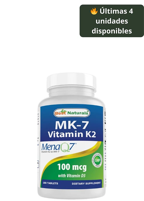 Vitamina K2 MK-7 con D3 Best Naturals 5000 IU + 100 mcg | Salud Ósea e Inmunidad | 180 Tabletas | Sin OGM ni Gluten | Colombia 