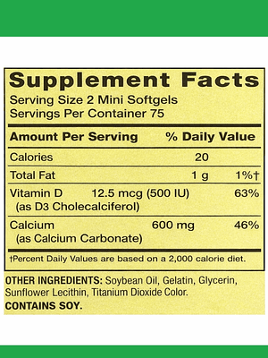 Calcio Mini 600 mg Plus Vitamina D3 Spring Valley | Apoyo a la salud de huesos y dientes | Suplemento dietético | 150 mini cápsulas | Colombia