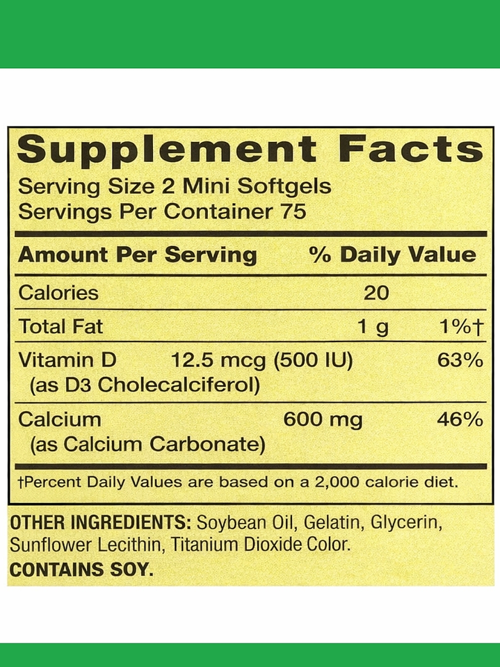 Calcio Mini 600 mg Plus Vitamina D3 Spring Valley | Apoyo a la salud de huesos y dientes | Suplemento dietético | 150 mini cápsulas | Colombia 2