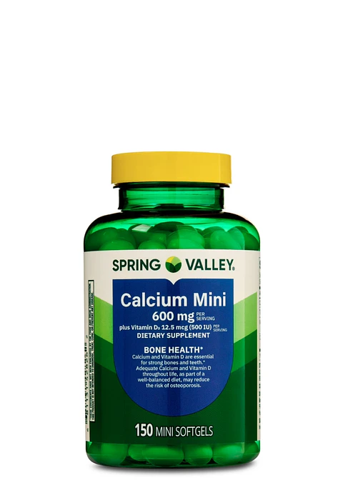 Calcio Mini 600 mg Plus Vitamina D3 Spring Valley | Apoyo a la salud de huesos y dientes | Suplemento dietético | 150 mini cápsulas | Colombia