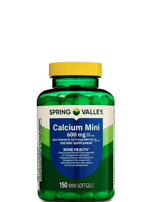 Calcio Mini 600 mg Plus Vitamina D3 Spring Valley | Apoyo a la salud de huesos y dientes | Suplemento dietético | 150 mini cápsulas | Colombia