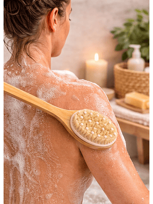Cepillo Exfoliante Corporal de Bambú con Mango Largo y Nódulos de Masaje | Cepillado en Seco o en Ducha | Estimula la Circulación