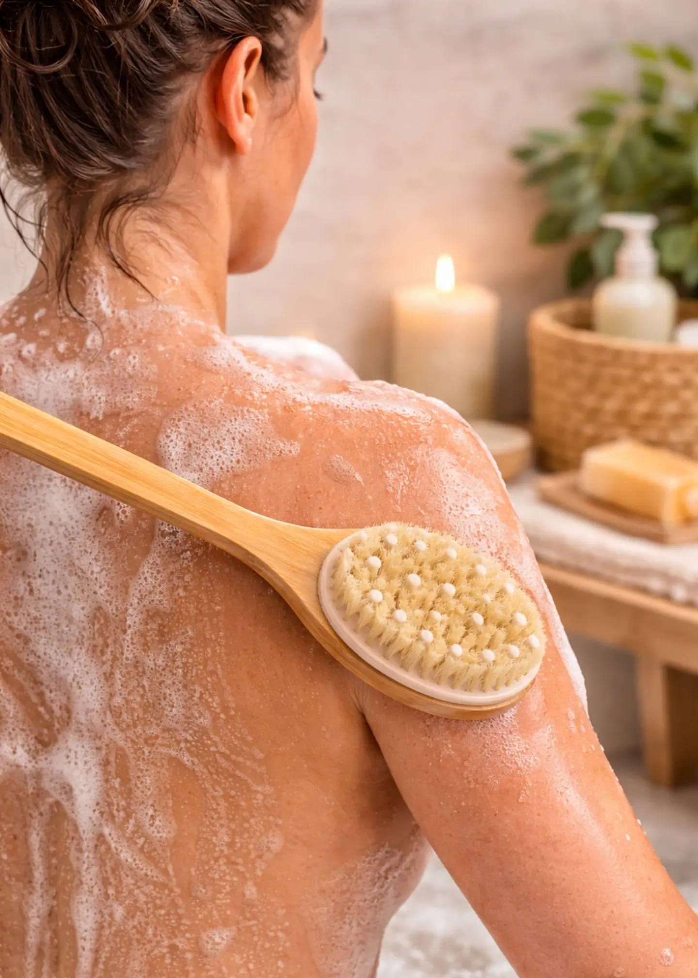 Cepillo Exfoliante Corporal de Bambú con Mango Largo y Nódulos de Masaje | Cepillado en Seco o en Ducha | Estimula la Circulación 2