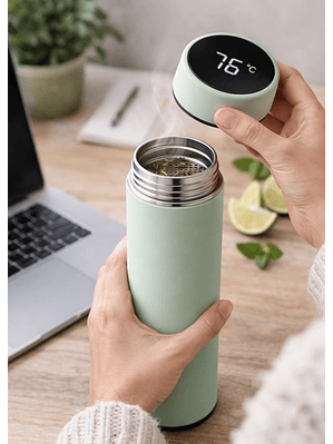 Termo Verde de Acero Inoxidable 304 con Pantalla de Temperatura 500 ml | Doble Pared | Antiderrame | Infusor para Té