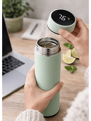 Termo Verde de Acero Inoxidable 304 con Pantalla de Temperatura 500 ml | Doble Pared | Antiderrame | Infusor para Té