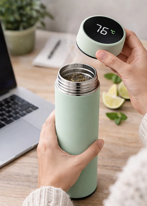 Termo Verde de Acero Inoxidable 304 con Pantalla de Temperatura 500 ml | Doble Pared | Antiderrame | Infusor para Té