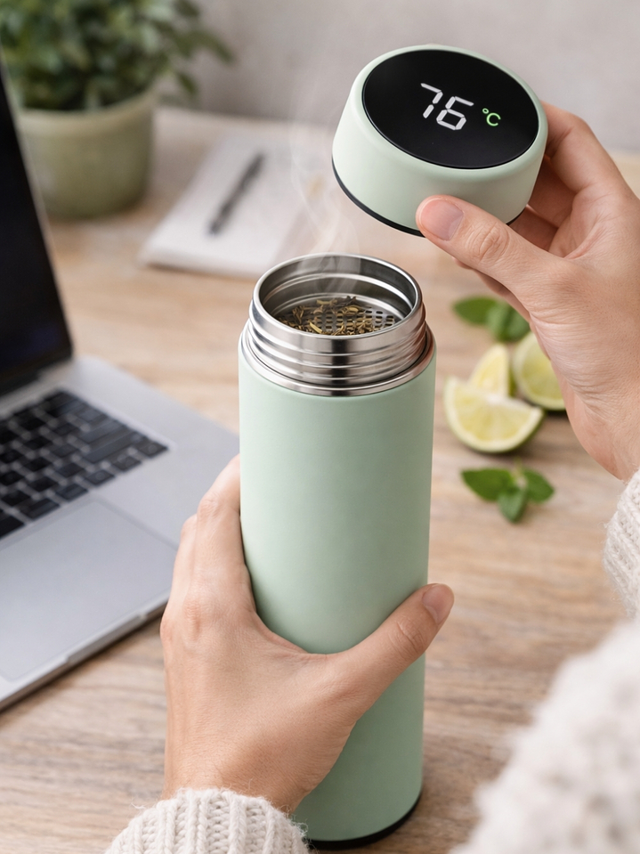 Termo Verde de Acero Inoxidable 304 con Pantalla de Temperatura 500 ml | Doble Pared | Antiderrame | Infusor para Té 2