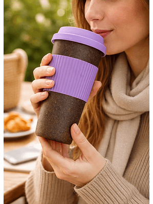 Mug Ecológico de Fibra de Café 400 ml con Tapa de Silicona MORADO | Taza Reutilizable Sostenible | Libre de BPA | Alternativa al Plástico