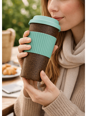 Mug Ecológico de Fibra de Café 400 ml con Tapa de Silicona VERDE | Taza Reutilizable Sostenible | Libre de BPA | Alternativa al Plástico