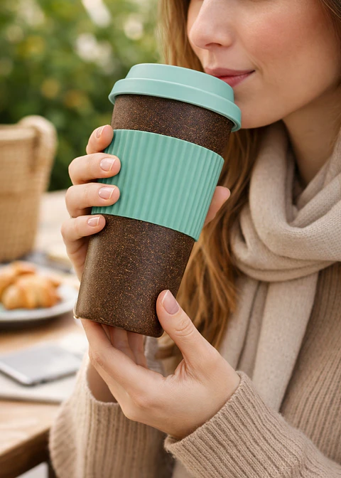 Mug Ecológico de Fibra de Café 400 ml con Tapa de Silicona VERDE | Taza Reutilizable Sostenible | Libre de BPA | Alternativa al Plástico