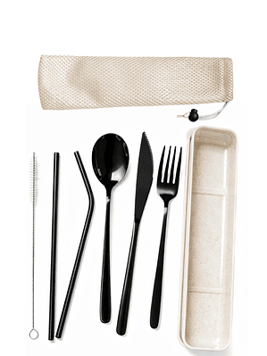 Kit de Cubiertos Reutilizables de Acero Inoxidable 304 con Pitillos | Set Portátil con Bolsa de Tela y Caja de Trigo | Alternativa Ecológica al Plástico