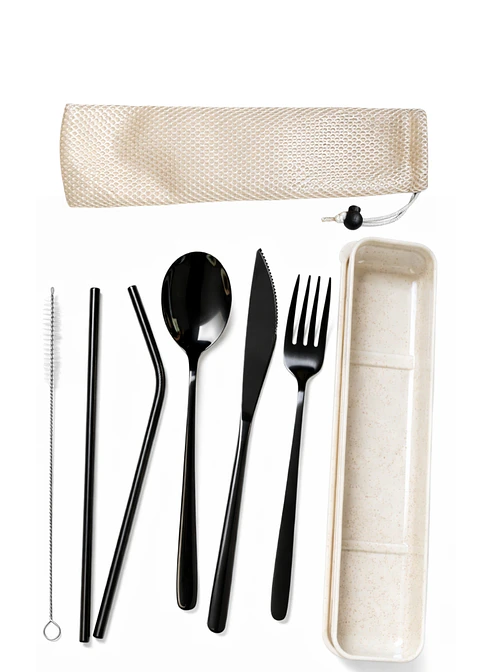 Kit de Cubiertos Reutilizables de Acero Inoxidable 304 con Pitillos | Set Portátil con Bolsa de Tela y Caja de Trigo | Alternativa Ecológica al Plástico