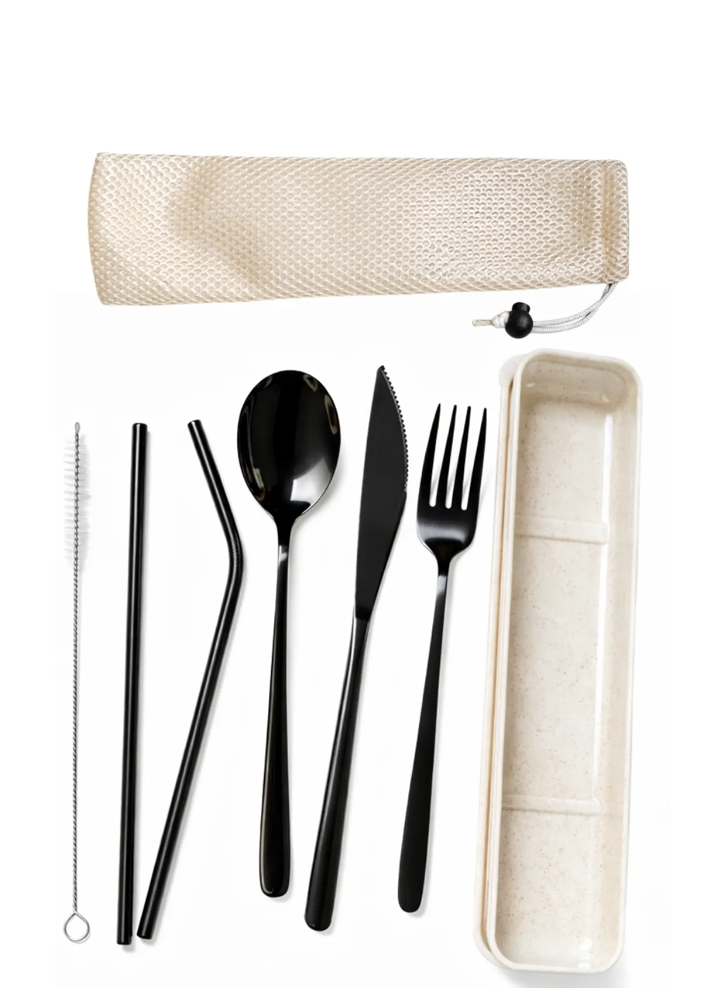 Kit de Cubiertos Reutilizables de Acero Inoxidable 304 con Pitillos | Set Portátil con Bolsa de Tela y Caja de Trigo | Alternativa Ecológica al Plástico 1