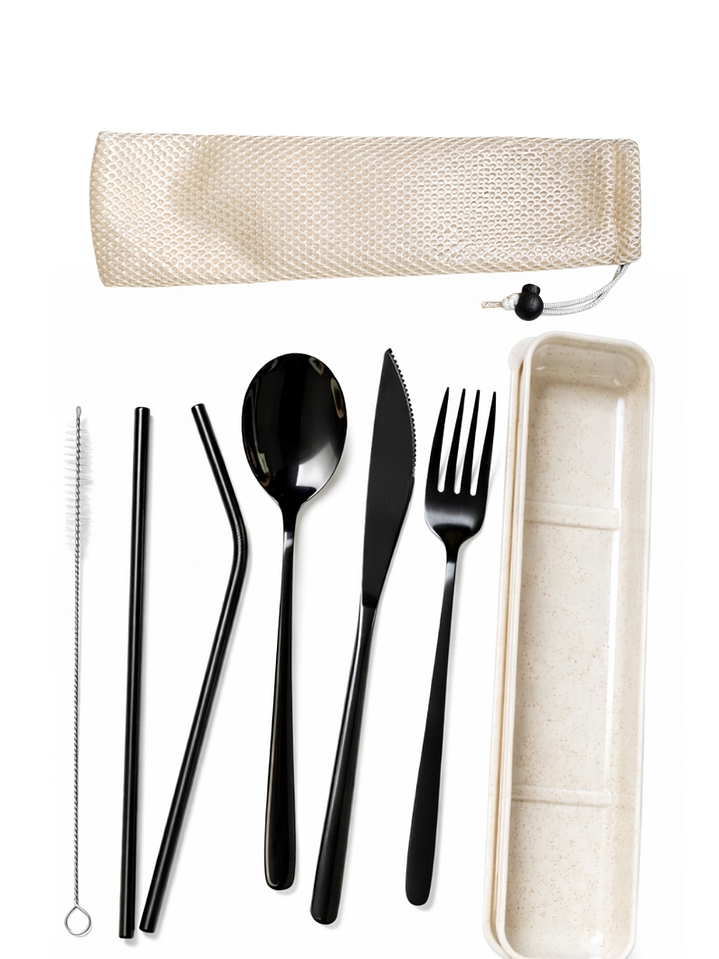 Kit de Cubiertos Reutilizables de Acero Inoxidable 304 con Pitillos | Set Portátil con Bolsa de Tela y Caja de Trigo | Alternativa Ecológica al Plástico 1