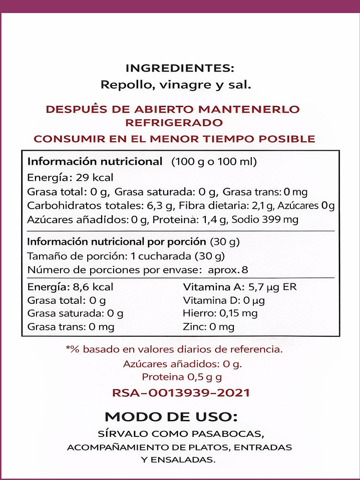 Chucrut de Repollo Morado Artesanal 500 g | Fermentado Natural con Probióticos | Sin Conservantes ni Aditivos | INVIMA 3