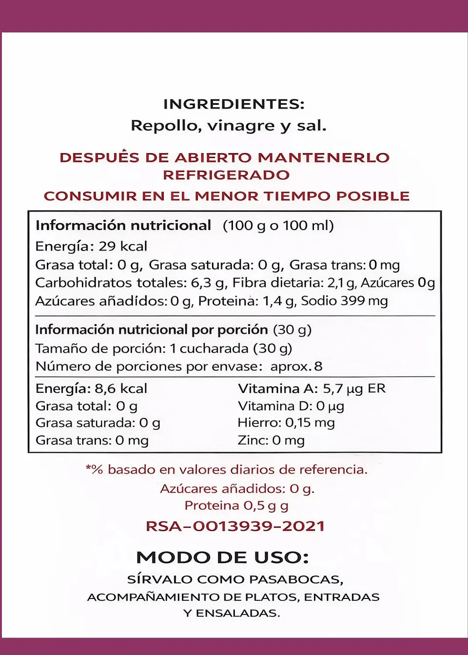 Chucrut de Repollo Morado Artesanal 500 g | Fermentado Natural con Probióticos | Sin Conservantes ni Aditivos | INVIMA 3