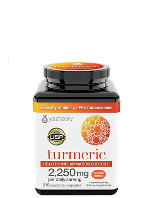 Youtheory Cúrcuma Extra Fuerza 2.250 mg x 210 Cápsulas | 95% Curcuminoides + BioPerine® | Alta Absorción Antioxidante