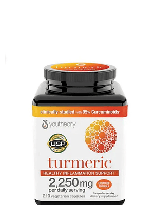 Youtheory Cúrcuma Extra Fuerza 2.250 mg x 210 Cápsulas | 95% Curcuminoides + BioPerine® | Alta Absorción Antioxidante