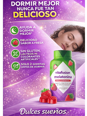 Melatonina en Gomitas 10 mg Vitafusion 100 Gomitas | Apoyo Natural para Dormir Mejor | Sabor Fresa | Sin Gluten ni Colorantes Artificiales | Colombia