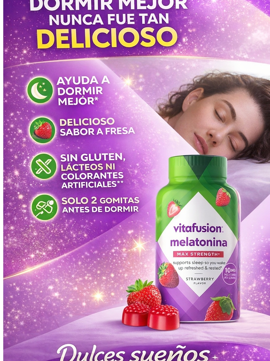 Melatonina en Gomitas 10 mg Vitafusion 100 Gomitas | Apoyo Natural para Dormir Mejor | Sabor Fresa | Sin Gluten ni Colorantes Artificiales | Colombia 2