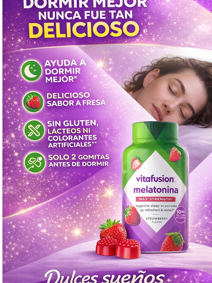Melatonina en Gomitas 10 mg Vitafusion 100 Gomitas | Apoyo Natural para Dormir Mejor | Sabor Fresa | Sin Gluten ni Colorantes Artificiales | Colombia 2