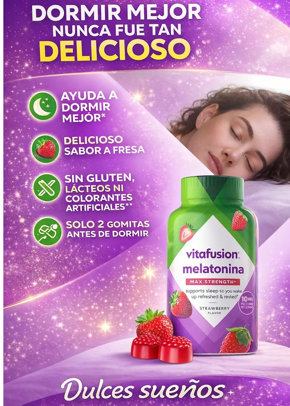 Melatonina en Gomitas 10 mg Vitafusion 100 Gomitas | Apoyo Natural para Dormir Mejor | Sabor Fresa | Sin Gluten ni Colorantes Artificiales | Colombia 2