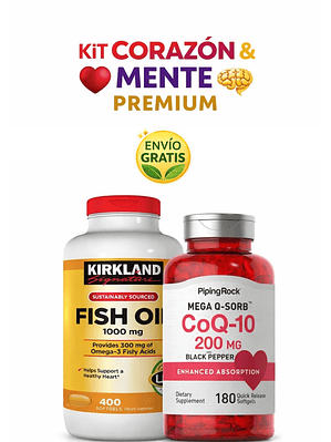 Kit Corazón y Mente Premium | Omega-3 Kirkland 1000 mg + CoQ10 200 mg Piping Rock | Energía, Cerebro y Salud Cardiovascular | Colombia