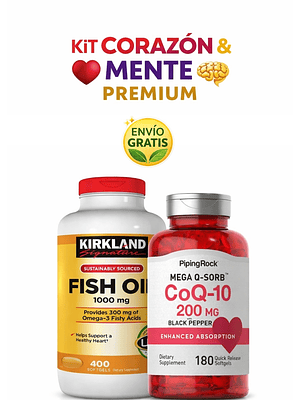Kit Corazón y Mente Premium | Omega-3 Kirkland 1000 mg + CoQ10 200 mg Piping Rock | Energía, Cerebro y Salud Cardiovascular | Colombia