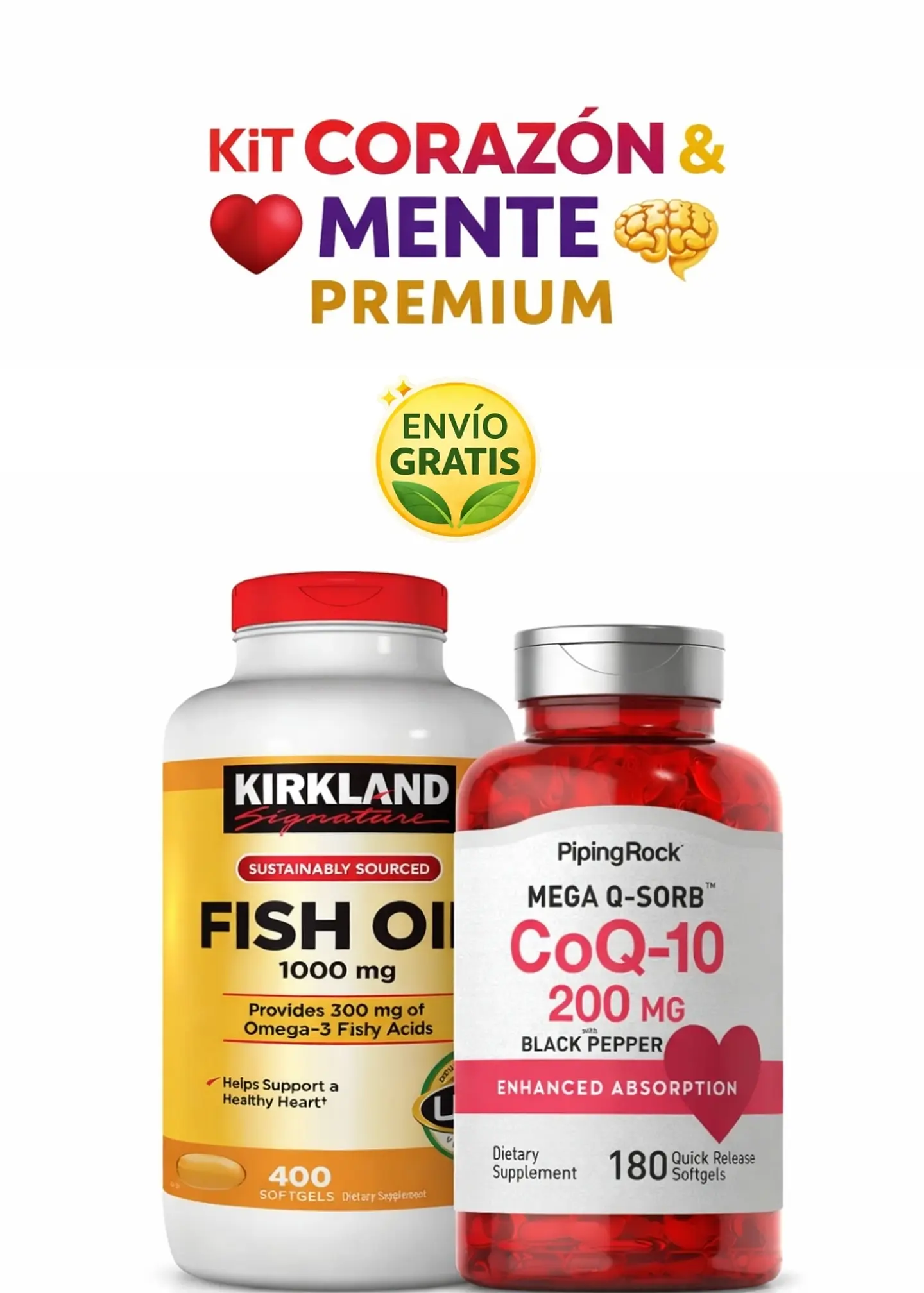 Kit Corazón y Mente Premium | Omega-3 Kirkland 1000 mg + CoQ10 200 mg Piping Rock | Energía, Cerebro y Salud Cardiovascular | Colombia 1