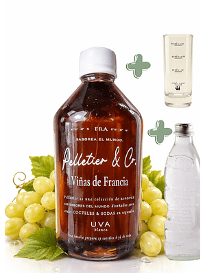 Kit Soda Natural Premium Uva Blanca & Saúco 510 ml | Syrup Viñas de Francia + Copita Medidora + Bebida Carbonatada en Vidrio | Rinde 3 Litros 