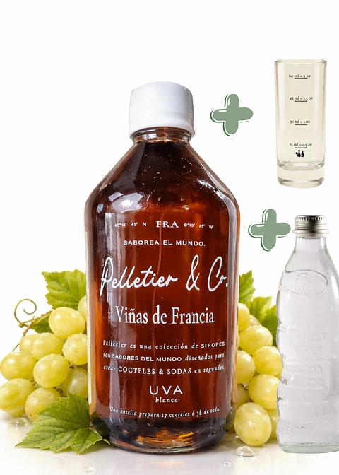 Kit Soda Natural Premium Uva Blanca & Saúco 510 ml | Syrup  + Copita Medidora + Bebida Carbonatada en Vidrio | Rinde 3 Litros 