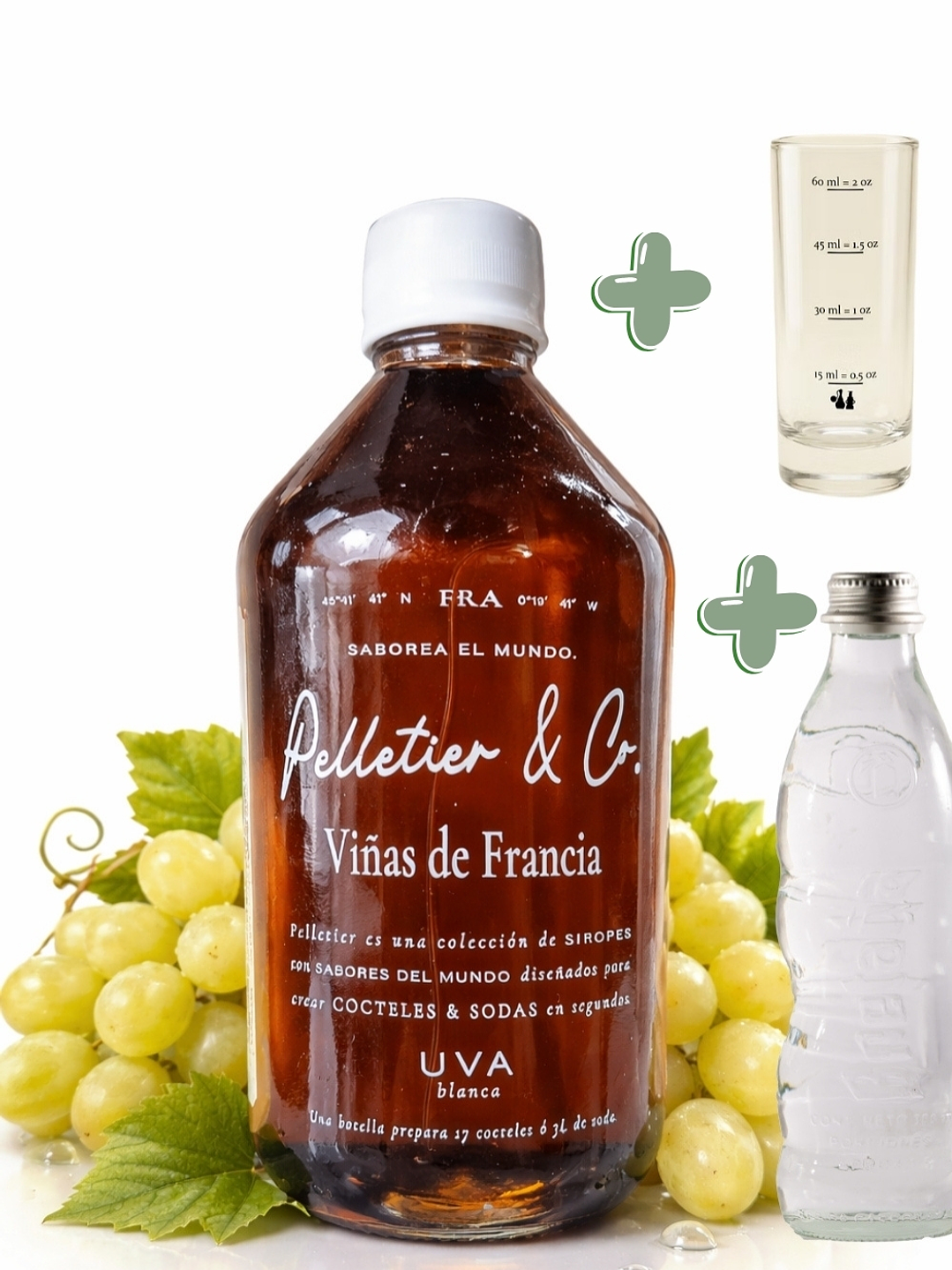 Kit Soda Natural Premium Uva Blanca & Saúco 510 ml | Syrup Viñas de Francia + Copita Medidora + Bebida Carbonatada en Vidrio | Rinde 3 Litros  1
