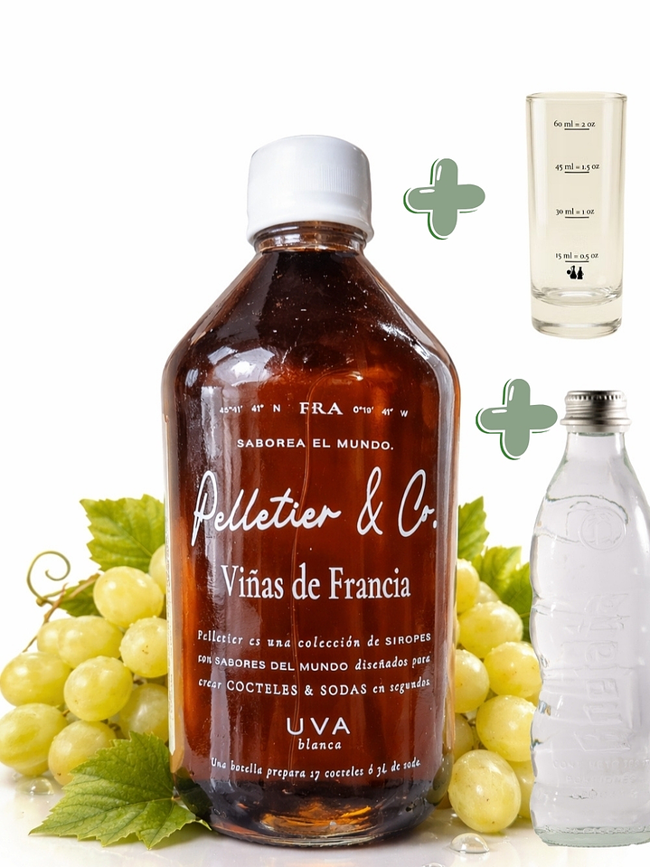 Kit Soda Natural Premium Uva Blanca & Saúco 510 ml | Syrup Viñas de Francia + Copita Medidora + Bebida Carbonatada en Vidrio | Rinde 3 Litros  1