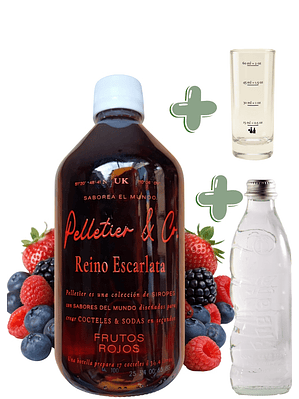 Kit Soda Natural Frutos Rojos 510 ml | Reino Escarlata | Syrup + Copita Medidora + Bebida Carbonatada en Vidrio | Rinde 2.5–3 Litros o 17 Cócteles | Frambuesa e Hibisco