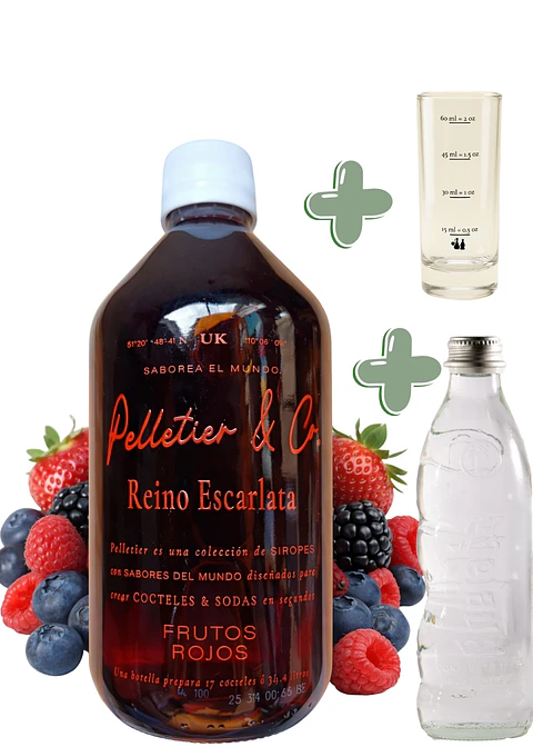 Kit Soda Natural Frutos Rojos 510 ml | Reino Escarlata | Syrup + Copita Medidora + Bebida Carbonatada en Vidrio | Rinde 2.5–3 Litros o 17 Cócteles | Frambuesa e Hibisco