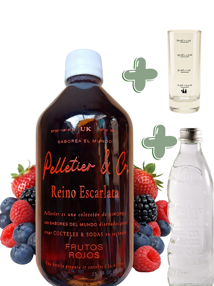 Kit Soda Natural Frutos Rojos 510 ml | Reino Escarlata | Syrup + Copita Medidora + Bebida Carbonatada en Vidrio | Rinde 2.5–3 Litros o 17 Cócteles | Frambuesa e Hibisco 1
