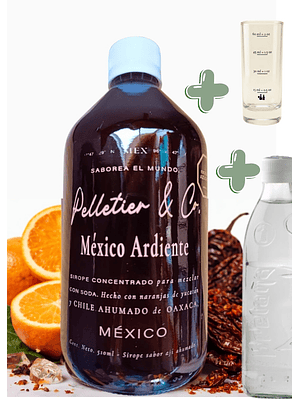 Kit Soda Natural México Ardiente Naranja de Yucatán y Chile Ahumado 510 ml | Syrup + Copita Medidora + Bebida Carbonatada en Vidrio | Rinde 2.5–3 Litros o 17 Cócteles |  Perfil Cítrico y Picante