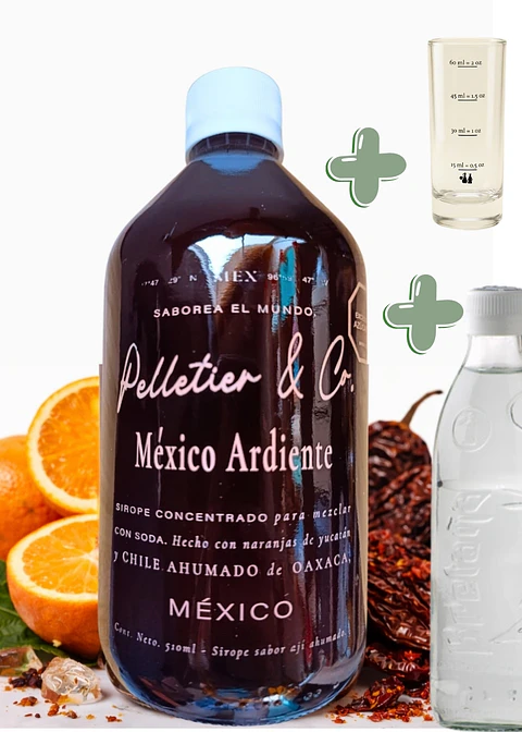 Kit Soda Natural México Ardiente Naranja de Yucatán y Chile Ahumado 510 ml | Syrup + Copita Medidora + Bebida Carbonatada en Vidrio | Rinde 2.5–3 Litros o 17 Cócteles |  Perfil Cítrico y Picante