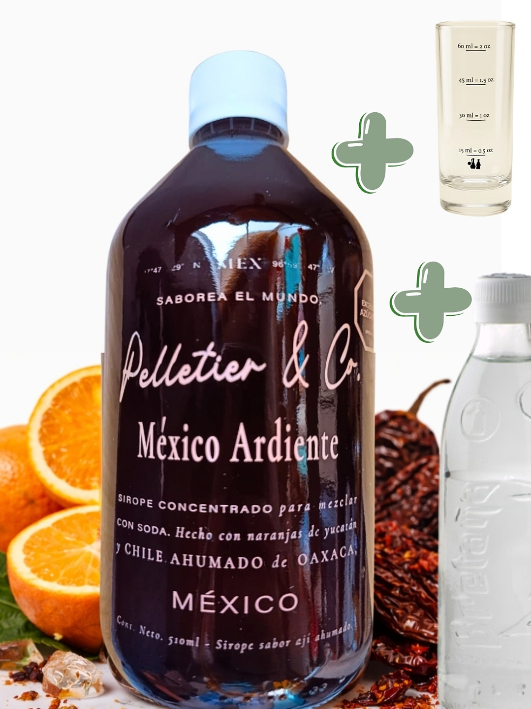 Kit Soda Natural México Ardiente Naranja de Yucatán y Chile Ahumado 510 ml | Syrup + Copita Medidora + Bebida Carbonatada en Vidrio | Rinde 2.5–3 Litros o 17 Cócteles |  Perfil Cítrico y Picante 1