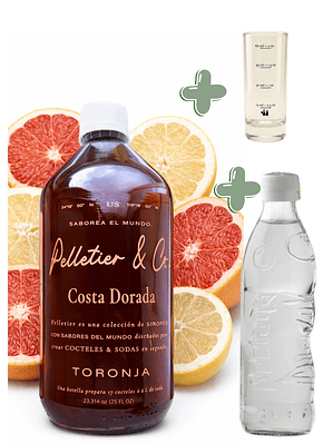 Kit Soda Natural Costa Dorada Toronja Rubí y Blanca 510 ml | Soda o Cóctel Natural | Incluye Syrup + Copita Medidora + Bebida Carbonatada en Vidrio| Rinde 2.5–3 Litros | Perfil Cítrico Sofisticado