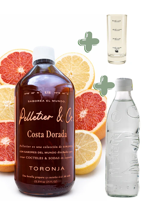 Kit Soda Natural Costa Dorada Toronja Rubí y Blanca 510 ml | Soda o Cóctel Natural | Incluye Syrup + Copita Medidora + Bebida Carbonatada en Vidrio| Rinde 2.5–3 Litros | Perfil Cítrico Sofisticado