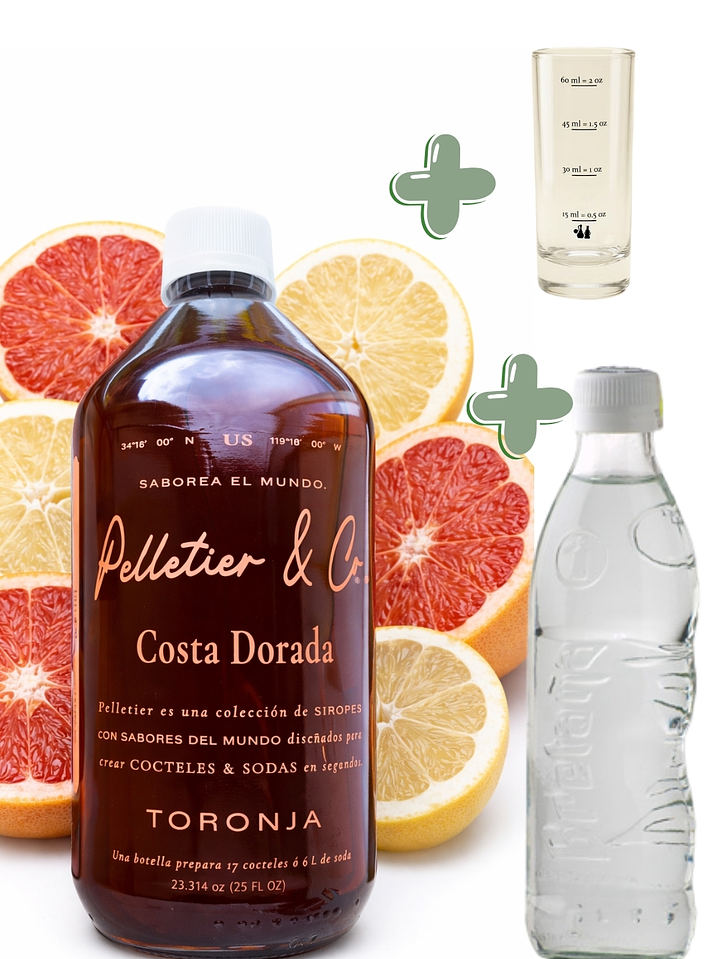 Kit Soda Natural Costa Dorada Toronja Rubí y Blanca 510 ml | Soda o Cóctel Natural | Incluye Syrup + Copita Medidora + Bebida Carbonatada en Vidrio| Rinde 2.5–3 Litros | Perfil Cítrico Sofisticado 1