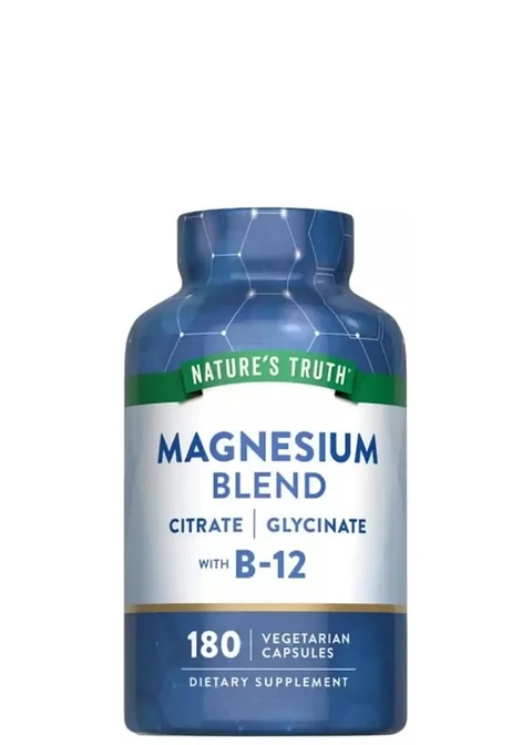 Magnesio Nature’s Truth con Vitamina B12 | Citrato, Glicinato y Aspartato | Salud Muscular, Nerviosa y Energética | 180 Cápsulas Vegetarianas | Colombia
