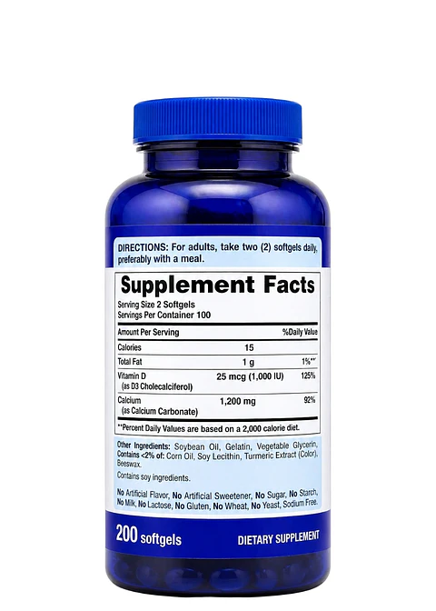 Puritan’s Pride Calcio Absorbible 1200 mg + Vitamina D3 25 mcg  200 cápsulas | Salud Ósea, Dientes Fuertes y Soporte Muscular | Colombia
